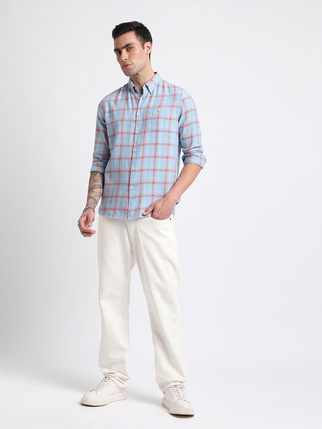 THE BEAR HOUSE Slim Fit Windowpane Checks Twill Pure Cotton Casual Shirt