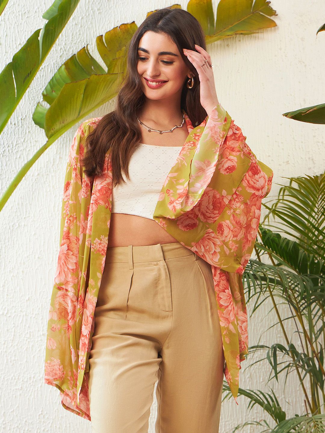 SASSAFRAS Green Floral Printed Kimono Shrug