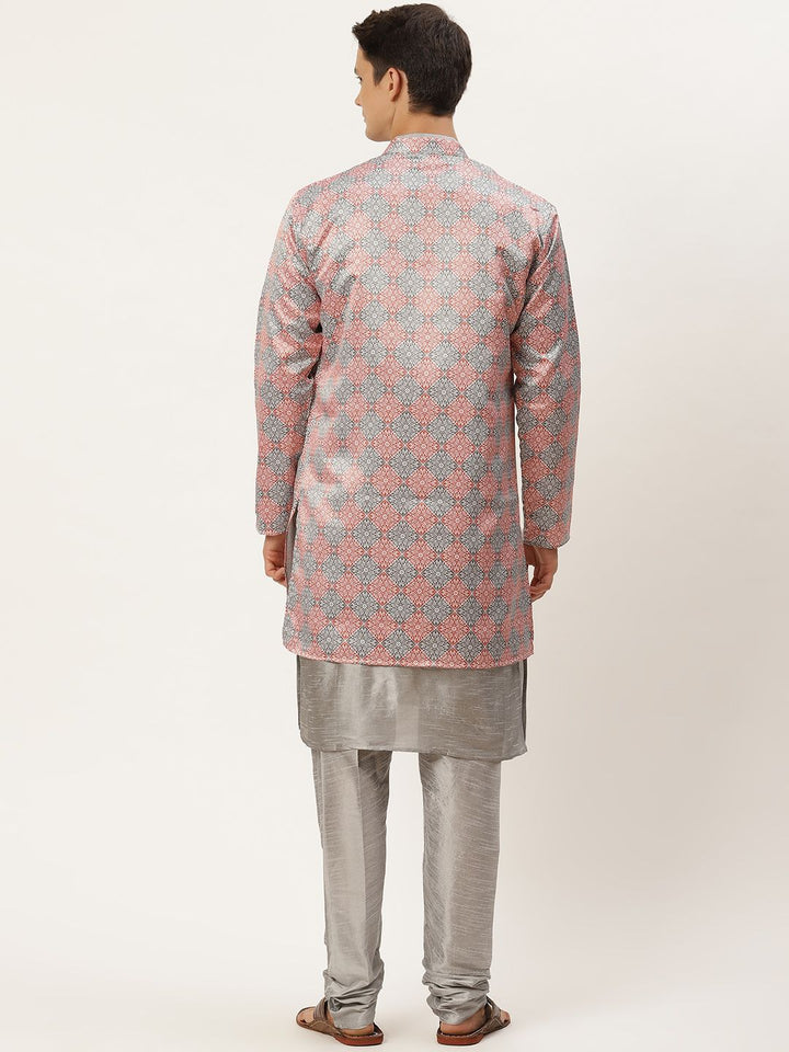 SOJANYA Lelaki Motif Etnik Merah & Kelabu Cetak Kurta & Churidar dengan Jaket Disesuaikan