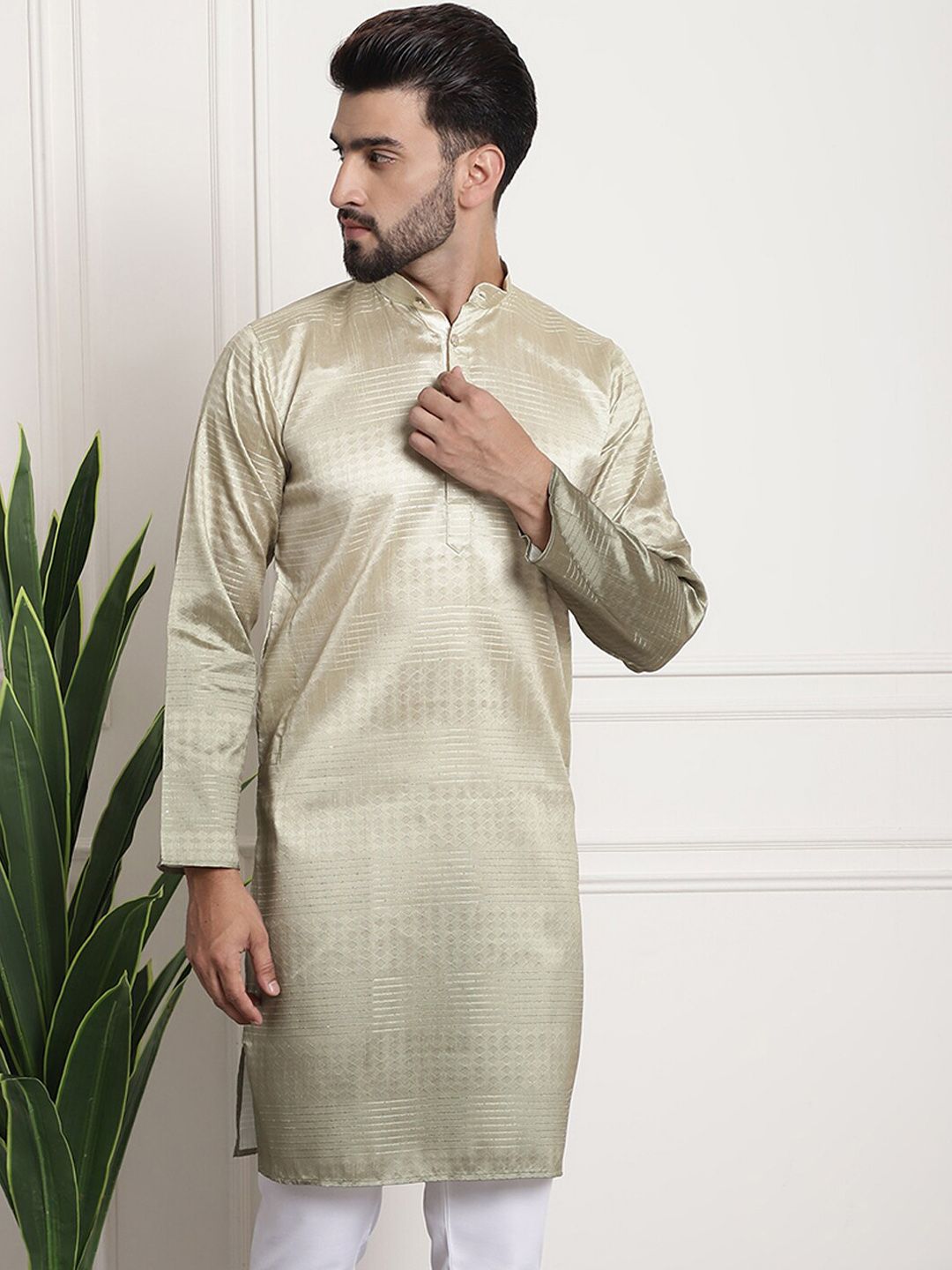 SOJANYA Woven Design Mandarin Collar Silk Cotton Kurta