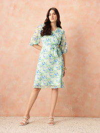 all about you Floral Print Puff Sleeves Wrap-Style A-Line Dress