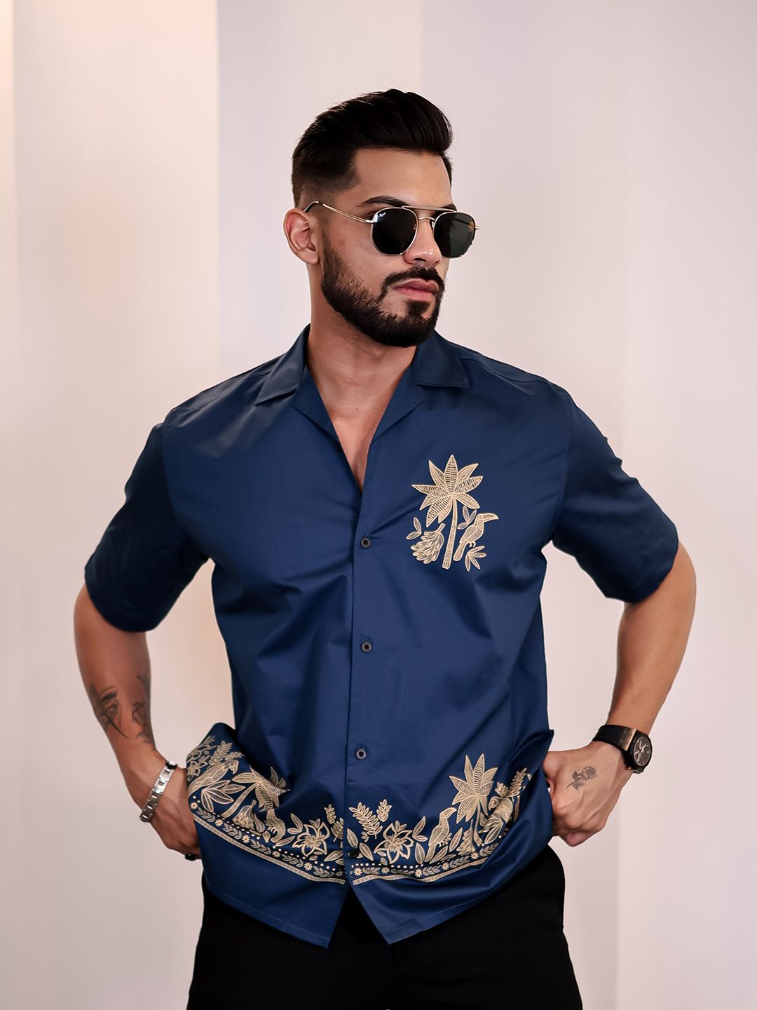 Eszett Men Floral Printed Cuban Collar Cotton Casual Shirt