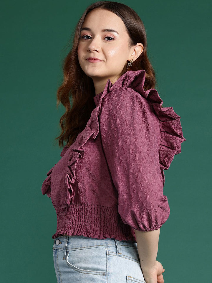 DressBerry Puff Sleeves Ruffled Blouson Top