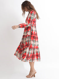 Rareism dicetak Puff Sleeves Cotton Fit & Flare Midi Dress