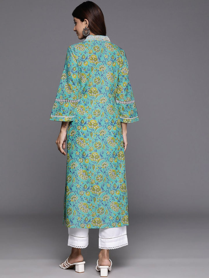 Varanga Floral Printed Flared Sleeves Thread Work Pure Cotton Kurta