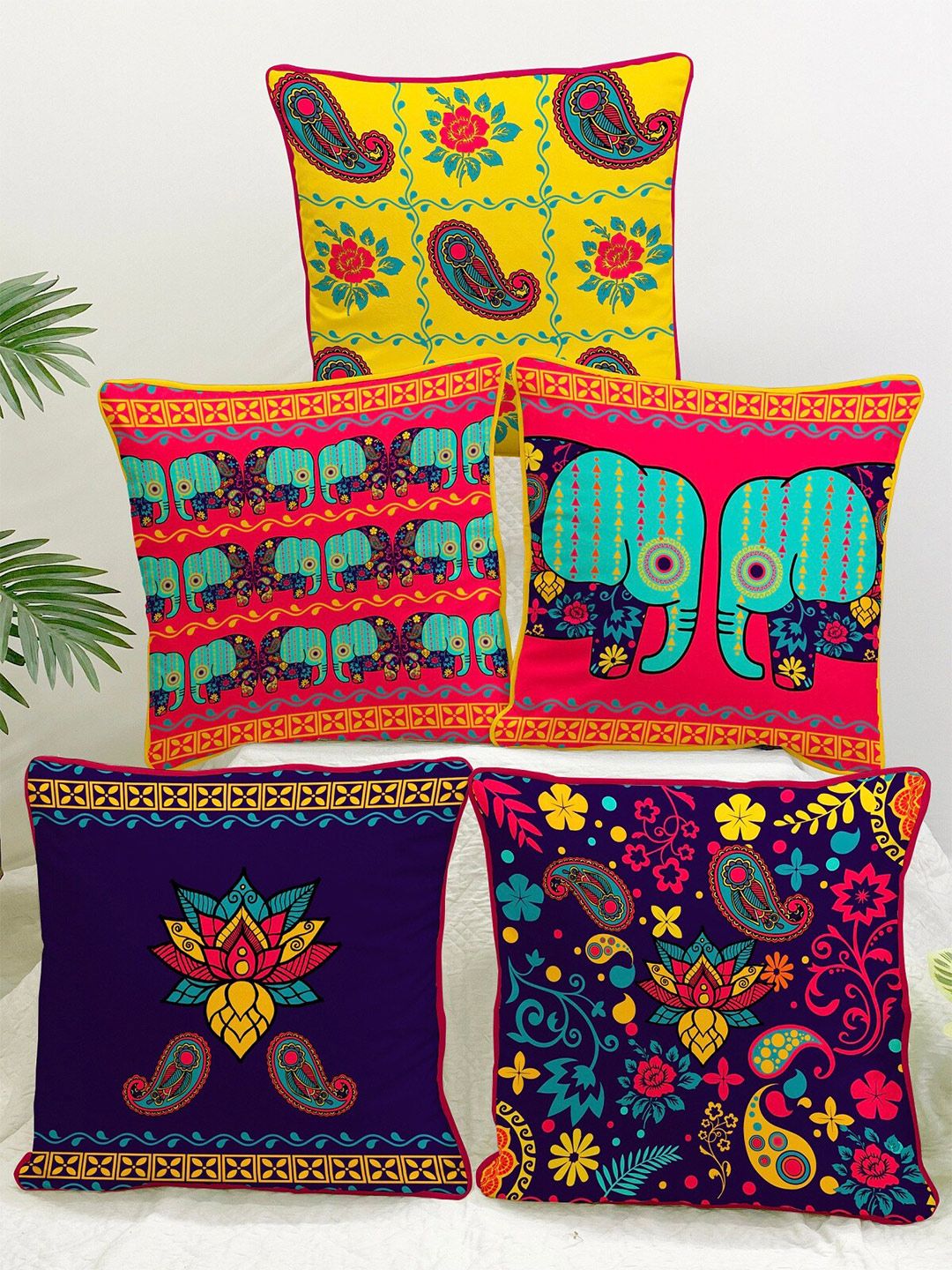 STITCHNEST Navy Blue & Orange Set of 5 Ethnic Motifs Velvet Square Cushion Covers