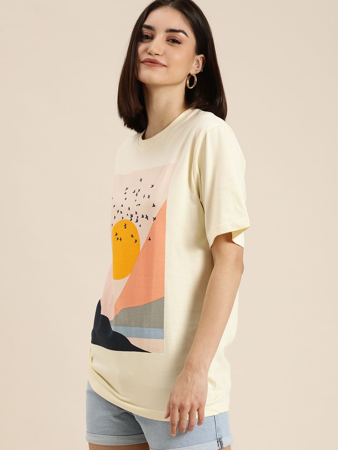DILLINGER Women Cream-Coloured Printed Cotton Oversized Pure Cotton T-shirt