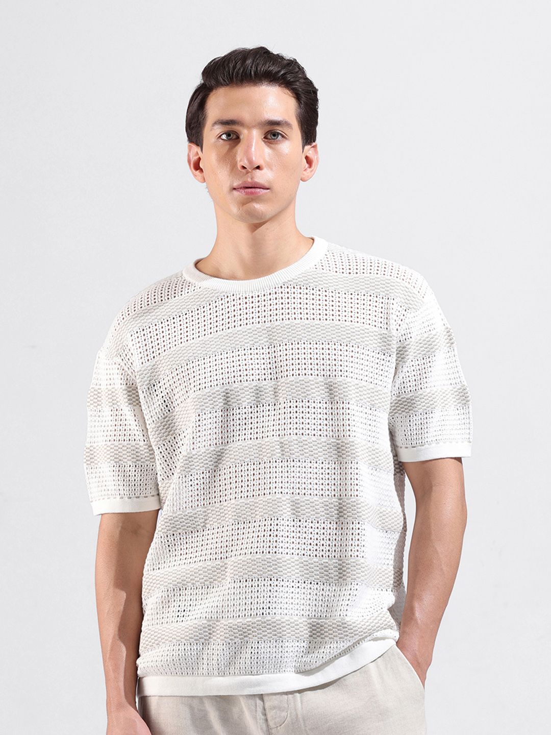 The Indian Garage Co Men Flat Knit Oversized Fit Striped T-Shirt