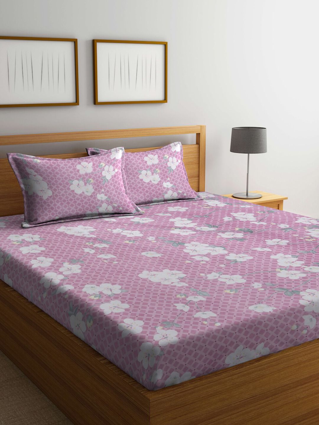 KLOTTHE Purple Floral Cotton Mesra Kulit 300 TC Dilengkapi Cadar King Halus dengan 2 Sarung Bantal-250 x 225 cm