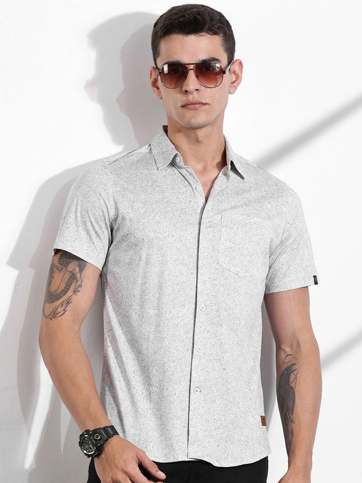 Thomas Scott Men Classic Slim Fit Spread Collar Abstract Printed Cotton Knitted Shirt