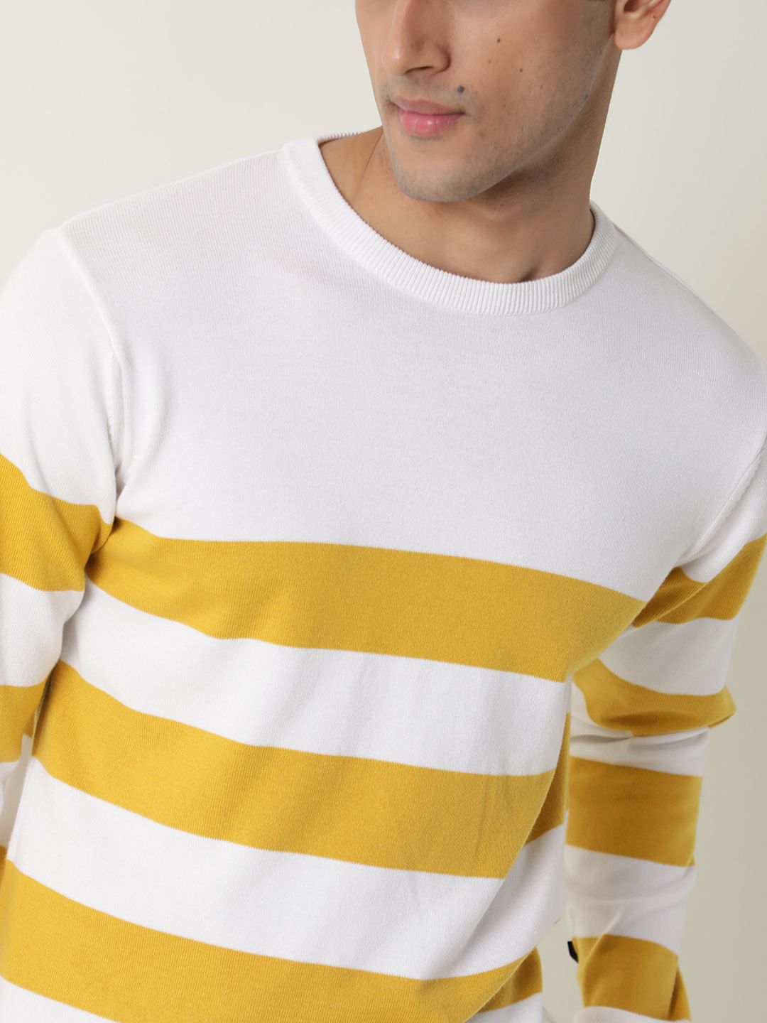 RARE RABBIT Men Marri Slim Fit White Striped Sweater