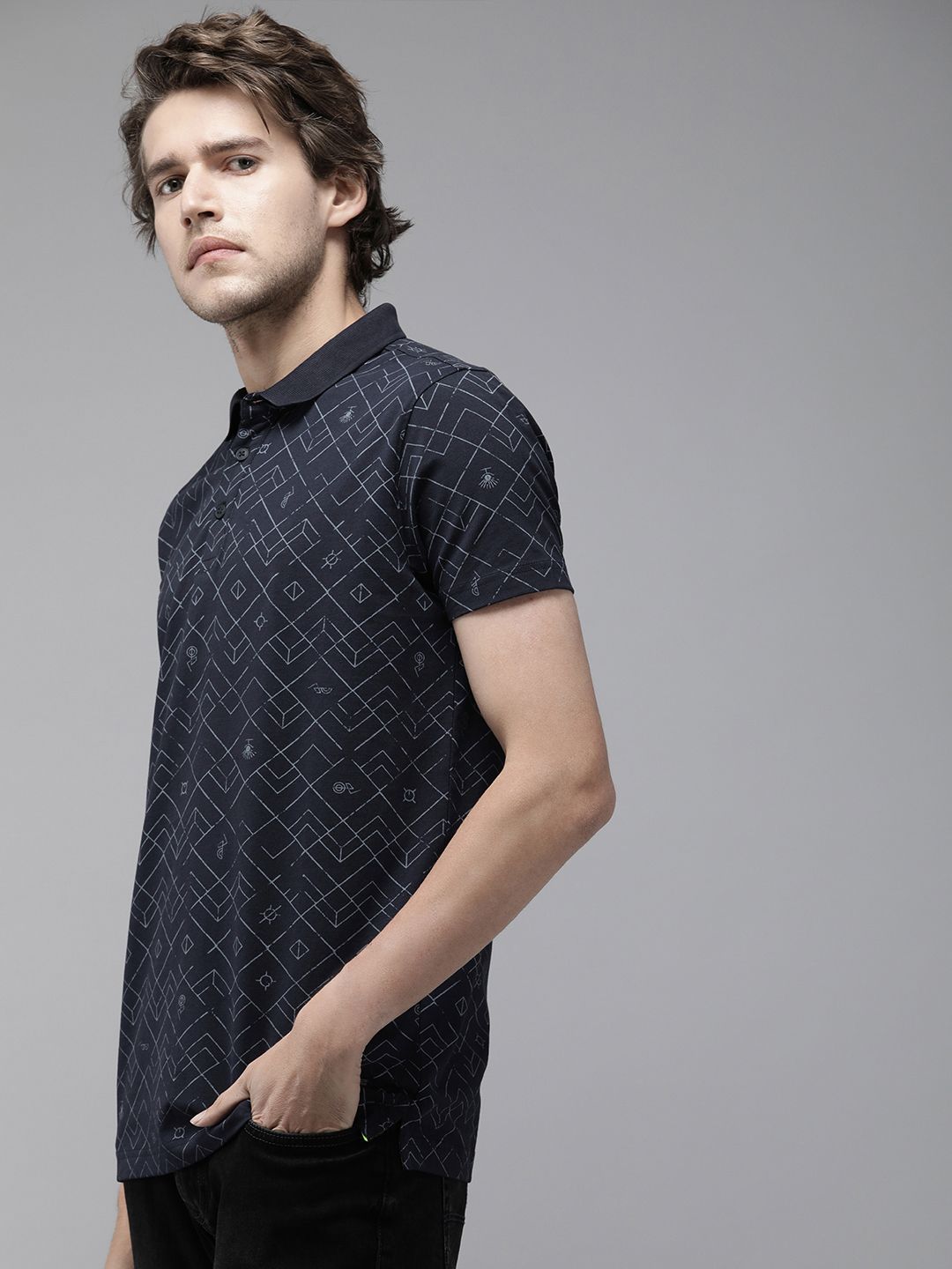 SPYKAR Men Navy Blue Geometric Printed Slim Fit T-shirt