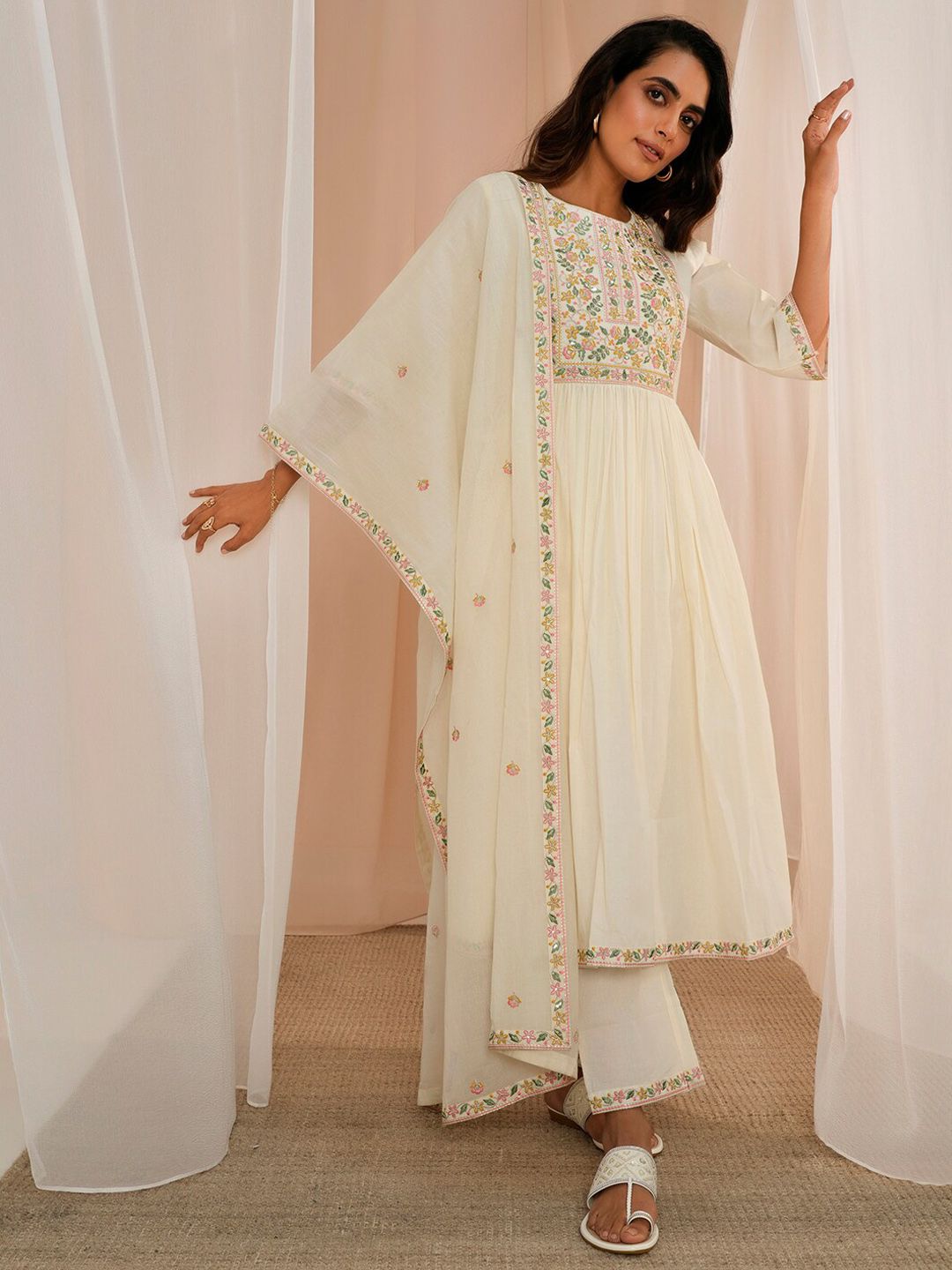 Libas Floral Yoke Design Pleated Thread Work Pure Cotton Kurta With Palazzos & Dupatta