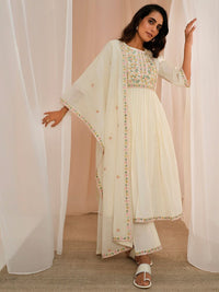 Libas Floral Yoke Design Pleated Thread Work Pure Cotton Kurta With Palazzos & Dupatta