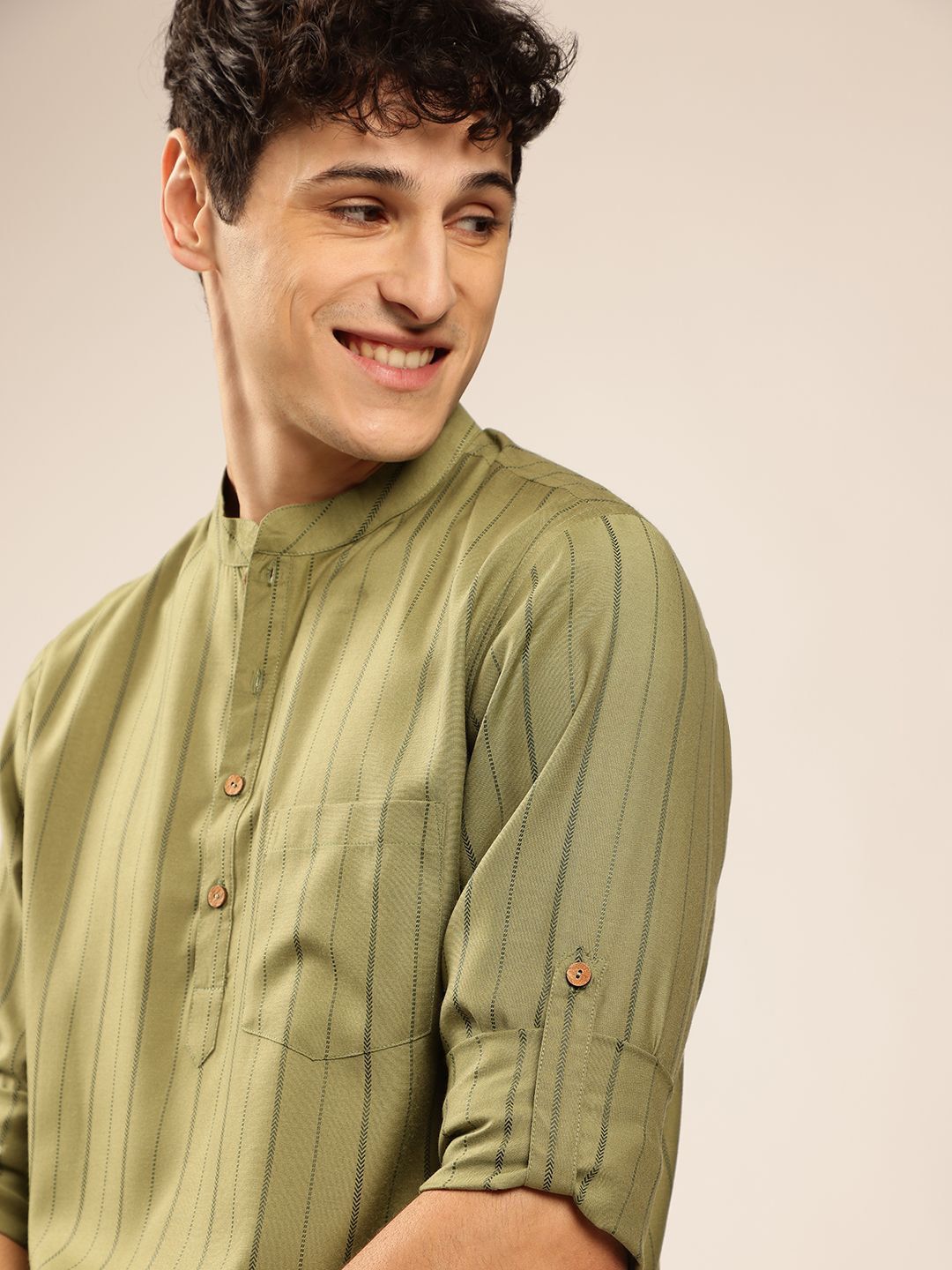 Anouk Striped Mandarin Collar Roll-Up Sleeves Short Kurta