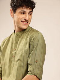 Anouk Striped Mandarin Collar Roll-Up Sleeves Short Kurta