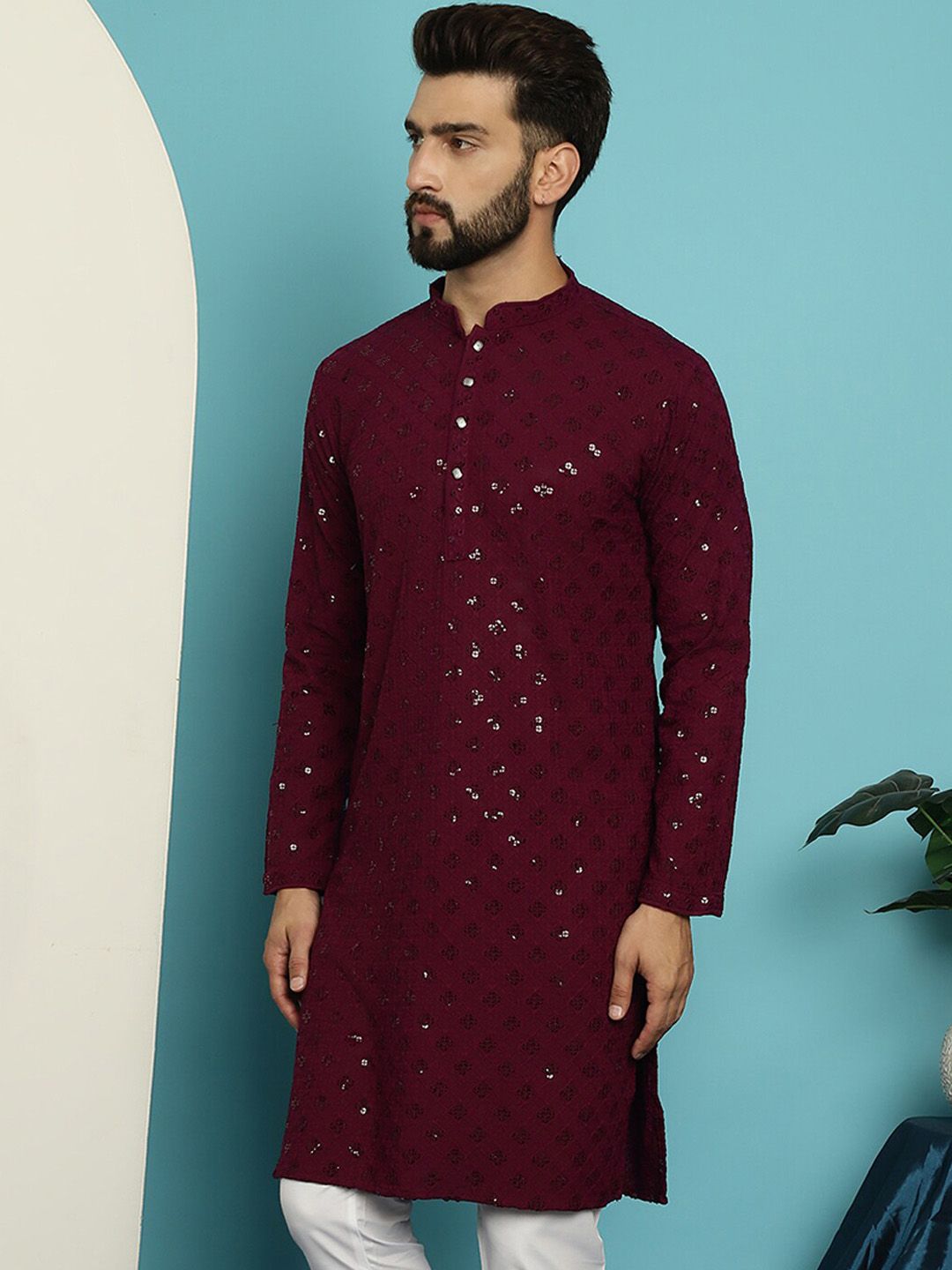 SOJANYA Dihiasi Kolar Mandarin Kurta Lurus Kapas Tulen