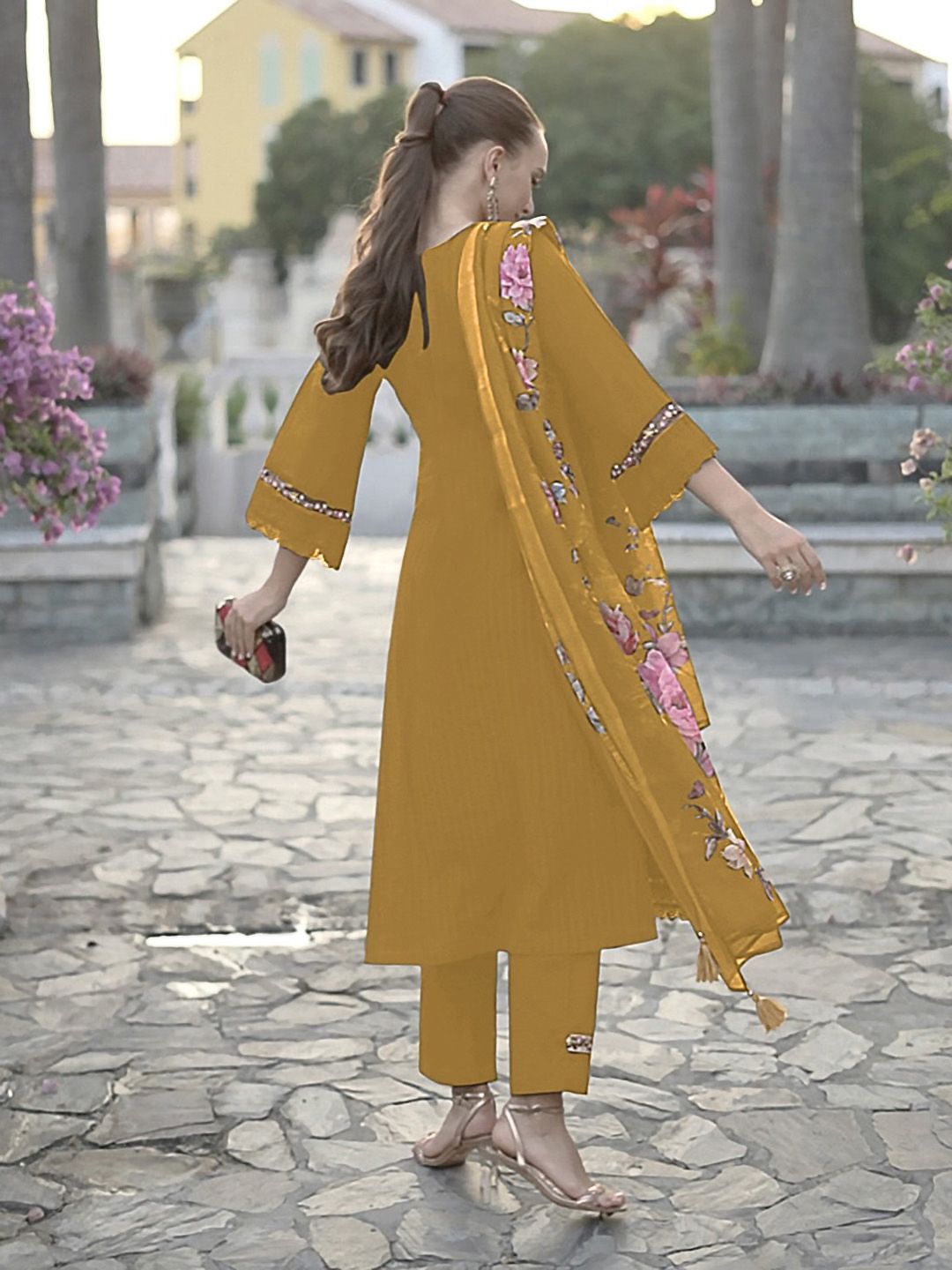 Indo Era Striped Thread Work Pure Cotton Bell Sleeves Straight Kurta & Trousers & Dupatta