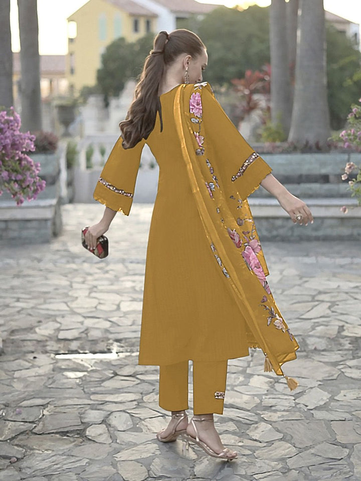 Era Indo Berjalur Benang Berfungsi Lengan Loceng Kapas Tulen Kurta Lurus &amp; Seluar &amp; Dupatta