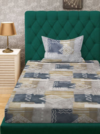 KLOTTHE Grey Geometric Printed Pure Cotton Fitted 400 TC Single Bedsheet With Pillow Cover