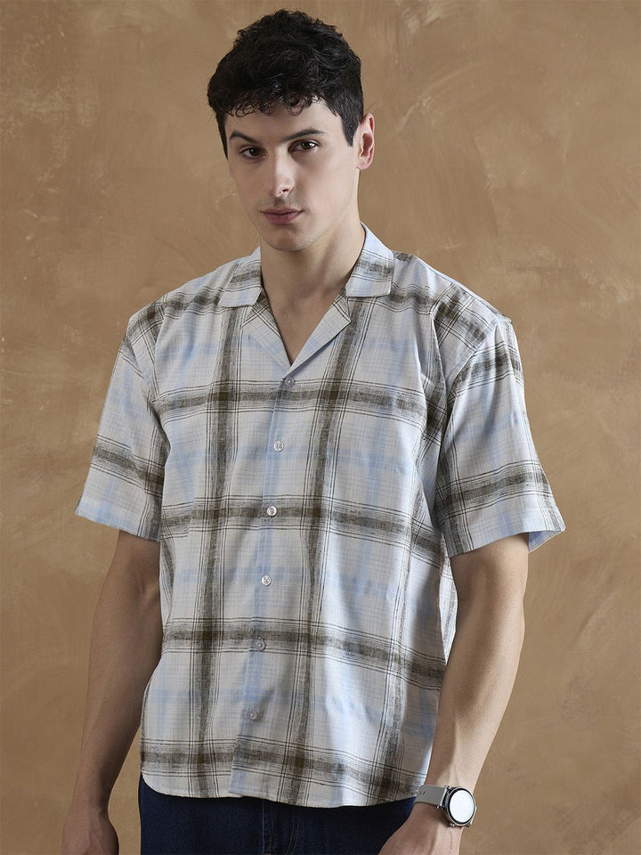 DENNISON Men White and Light Blue Checked Shirt