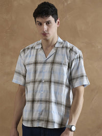 DENNISON Men White and Light Blue Checked Shirt