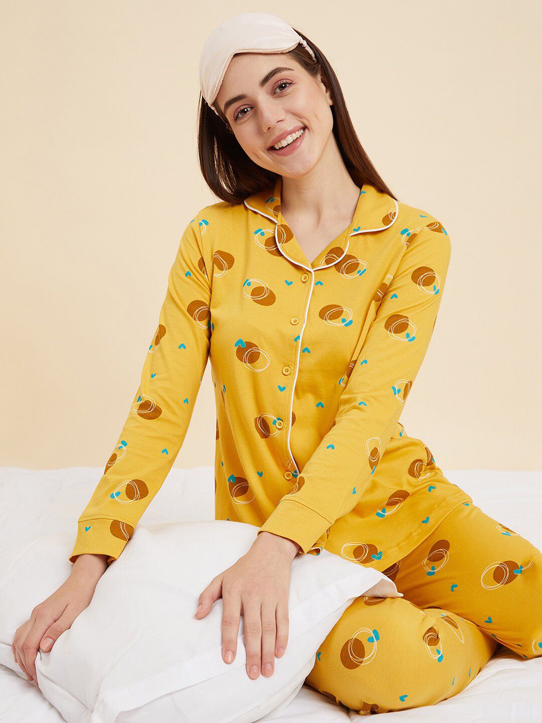Sweet Dreams Mustard & Brown Conversational Printed Pure Cotton Night suit