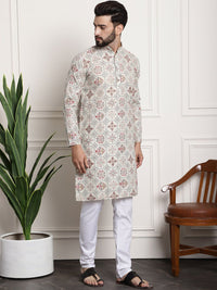 Sojanya Lelaki Beige Printed Cotton Linen Kurta dengan Churidar