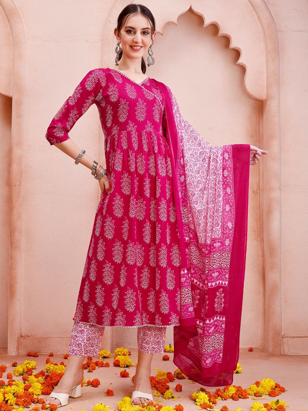 KALINI Ethnic Motifs Printed Angrakha Pure Cotton Kurta & Trousers With Dupatta