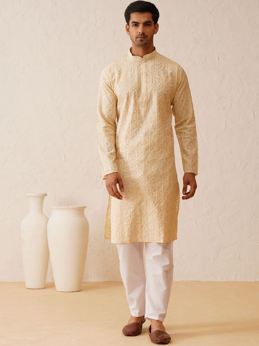 SOJANYA LUXE Motif Etnik Sulam Benang Kerja Cotton Sutera Kurta Lurus dengan Piyama