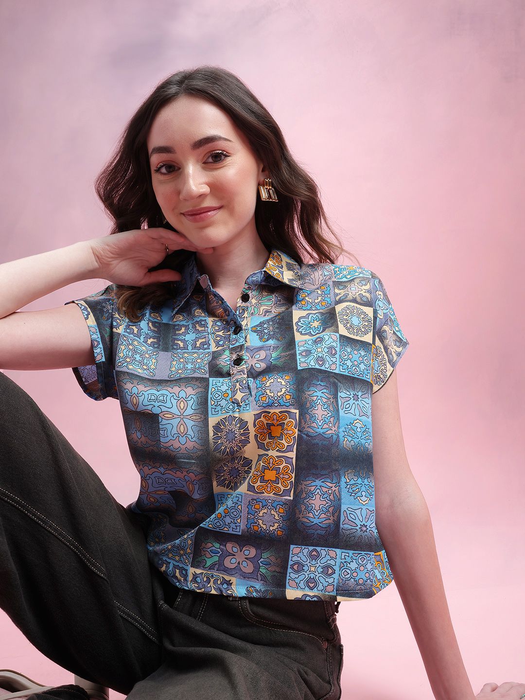 DressBerry Ethnic Motifs Print Extended Sleeves Shirt Style Top