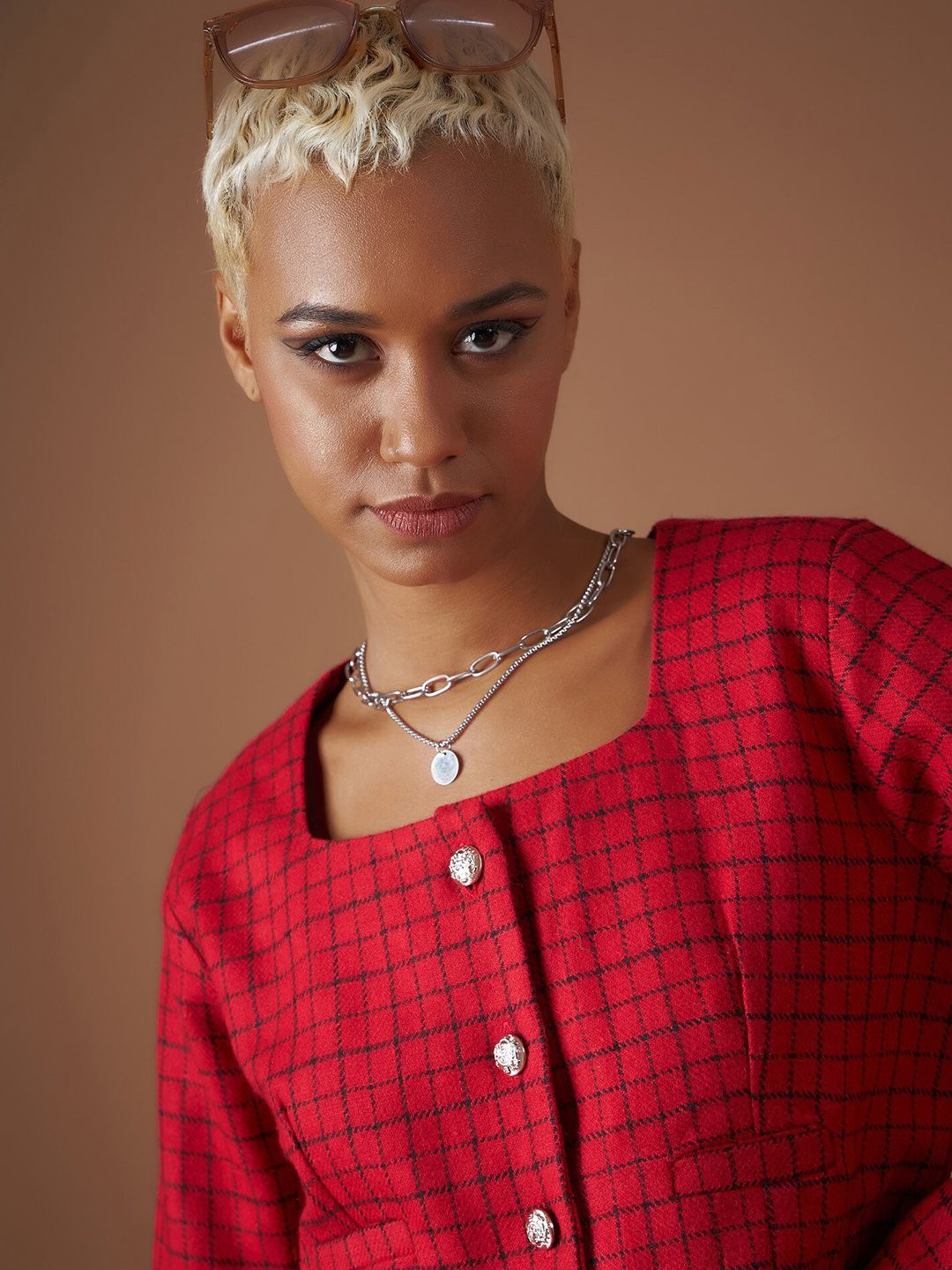 SASSAFRAS Checked Square Neck Jacquard Shirt Style Crop Top