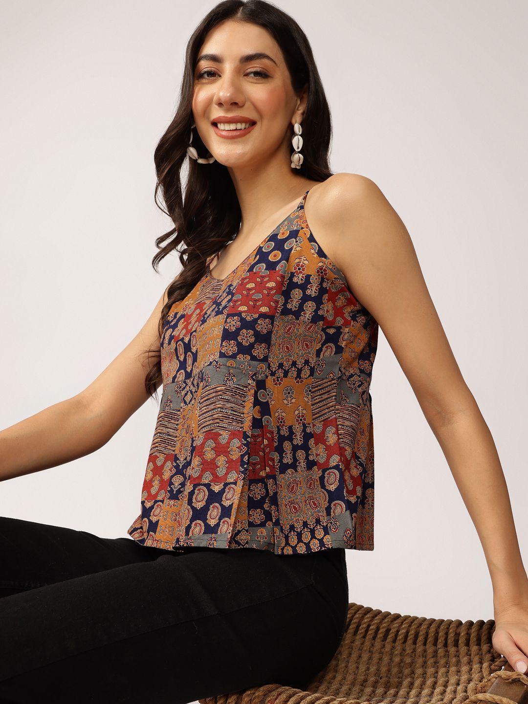 Anouk Ethnic Printed Sleeveless Cotton Peplum Crop Top