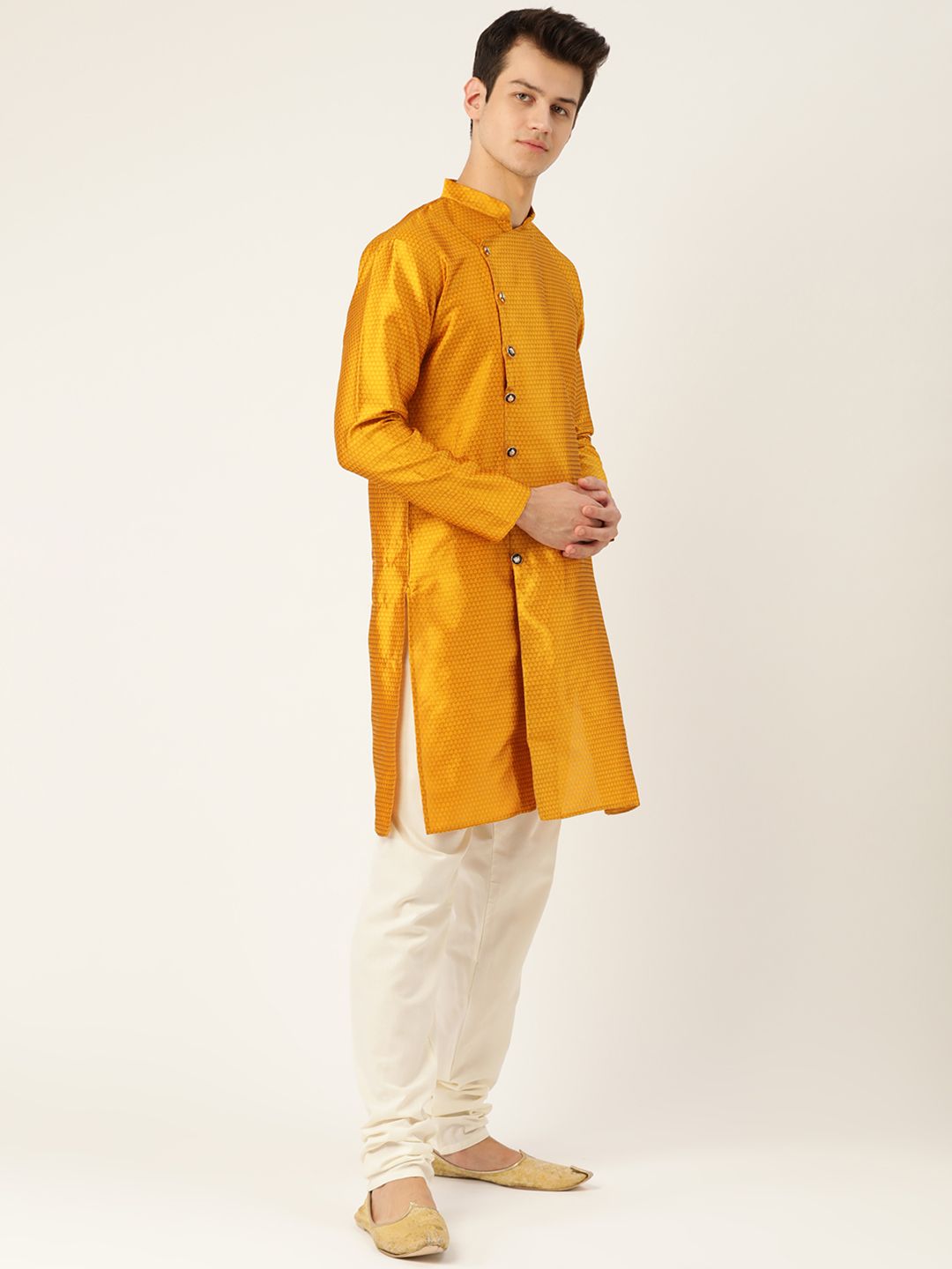 SOJANYA Lelaki Mustard Yellow Woven Design Angrakha Straight Kurta