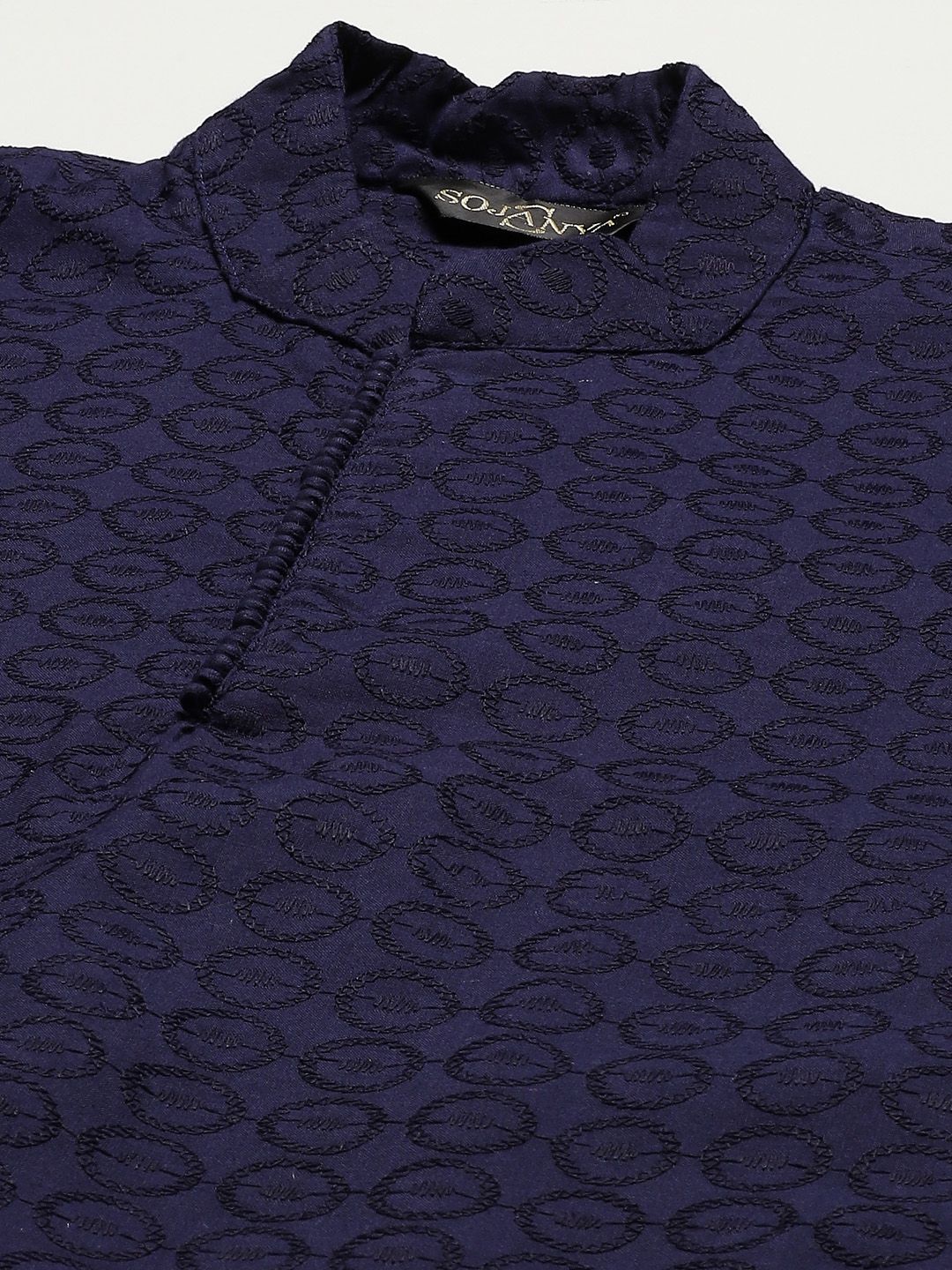SOJANYA Men Navy Blue Ethnic Motifs Pure Cotton Kurta with Churidar & Nehru Jacket