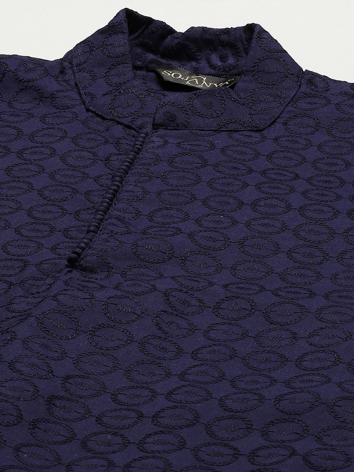 SOJANYA Men Navy Blue Ethnic Motifs Pure Cotton Kurta with Churidar & Nehru Jacket