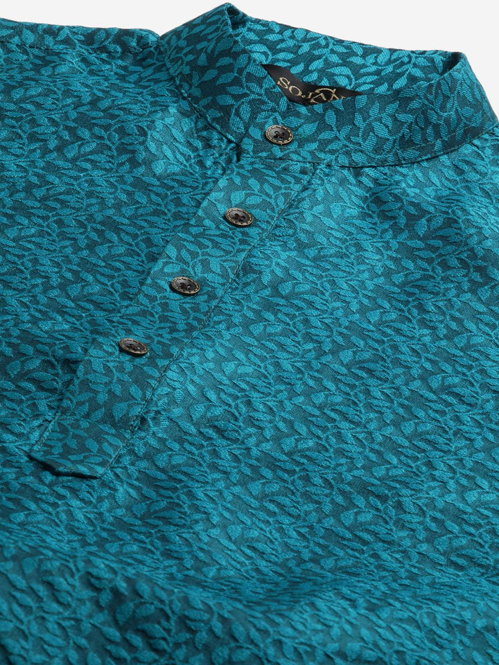 SOJANYA Men Teal Blue & Green Woven Design Kurta with Churidar & Nehru Jacket