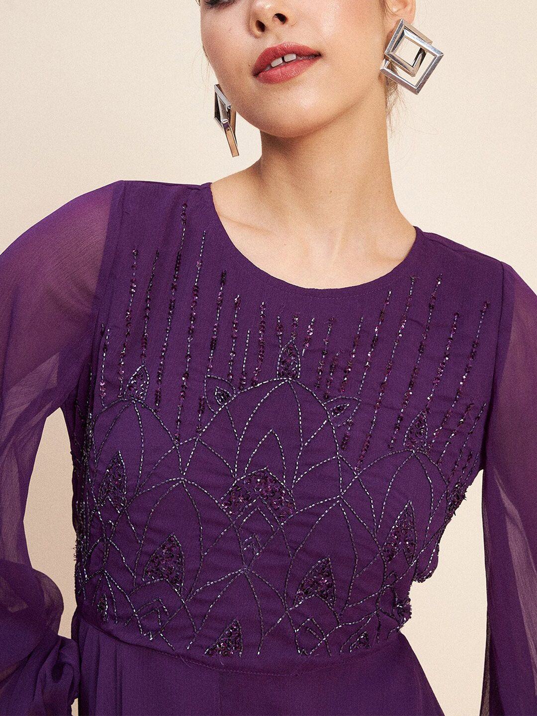 Antheaa Purple Embellished Puff Sleeves Gathered Fit & Flare Midi Dress