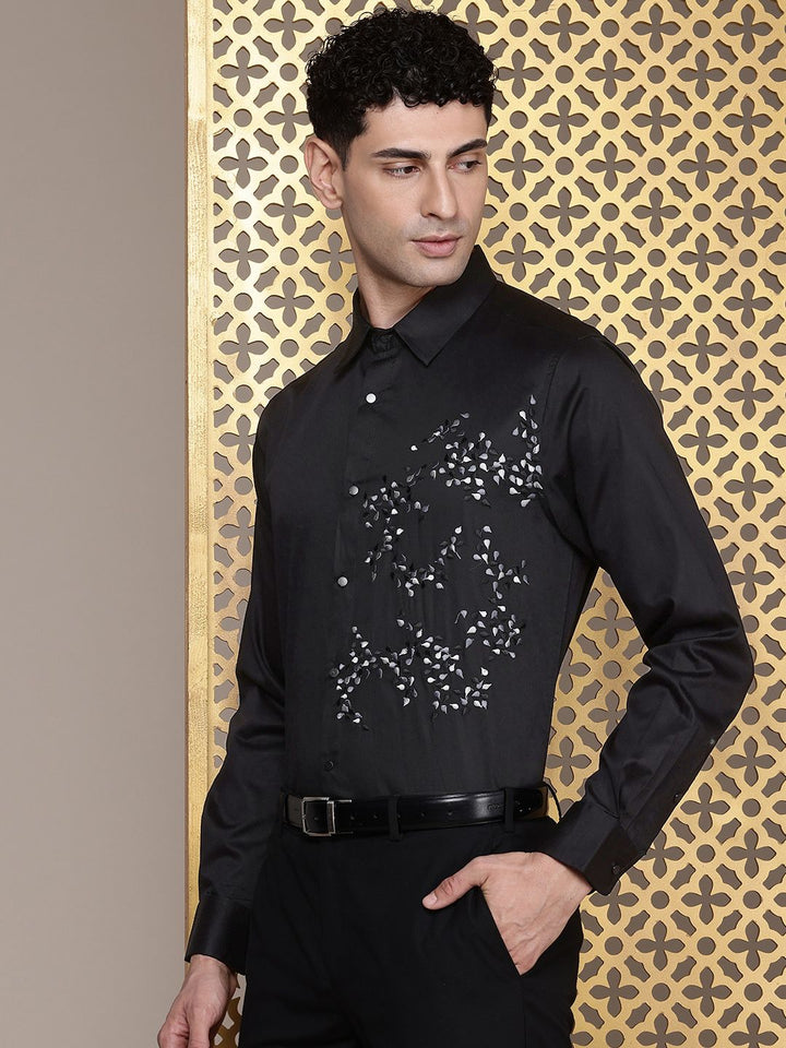 House of Pataudi Pure Cotton Floral Embroidered Opaque Party Shirt