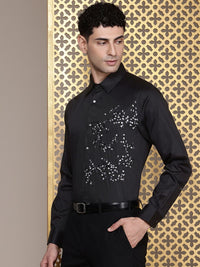 House of Pataudi Pure Cotton Floral Embroidered Opaque Party Shirt