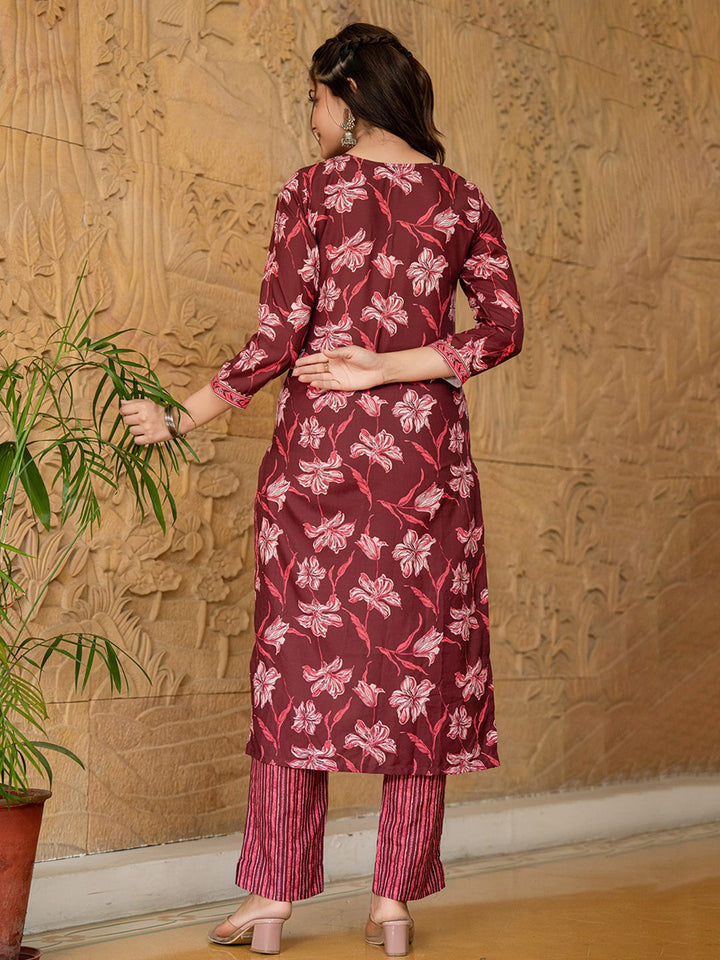 KALINI Floral Printed Notch Neck Straight Kurta With Trousers & Dupatta