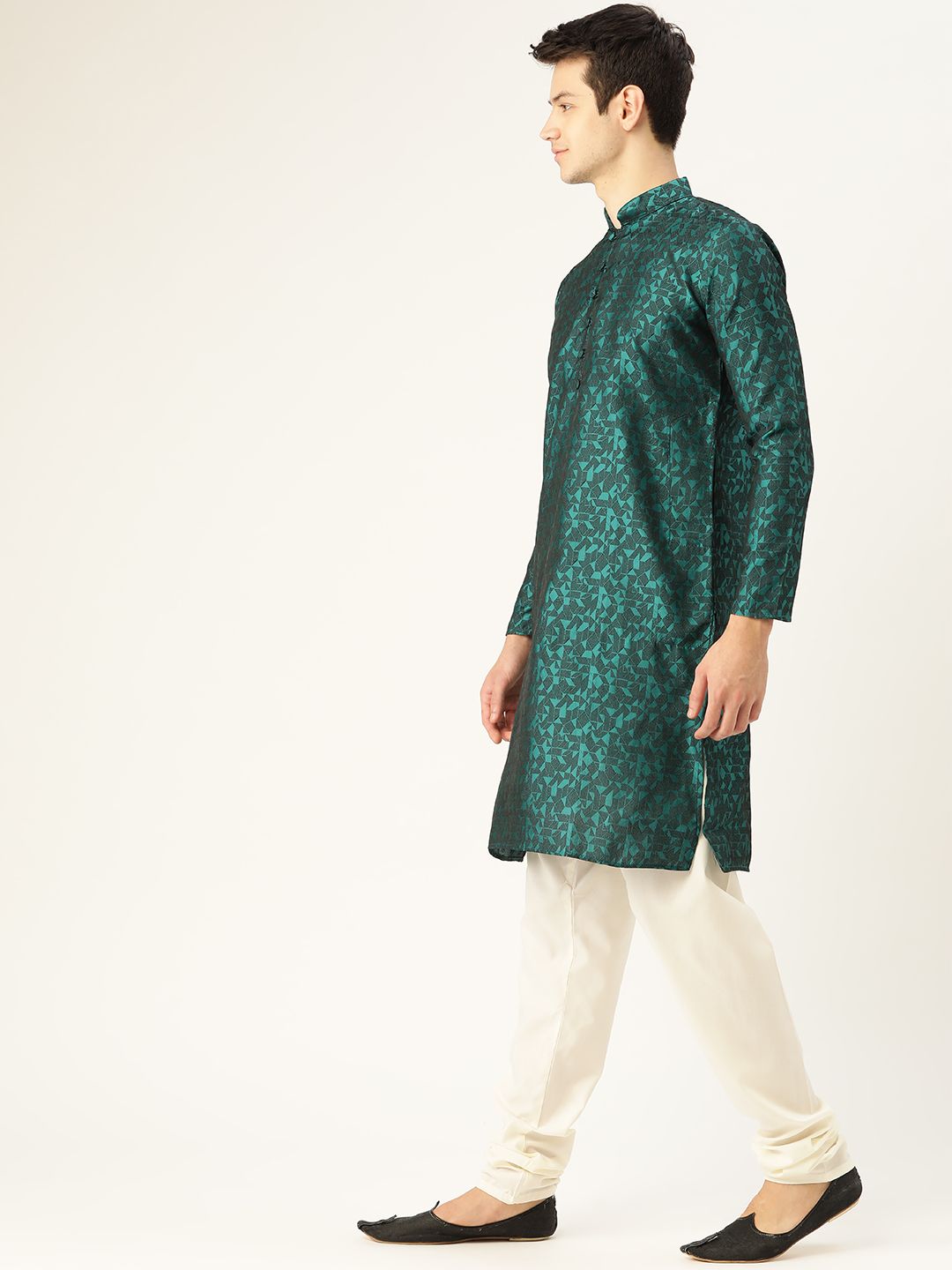 SOJANYA Men Teal Green & Black Woven Design Kurta Lurus