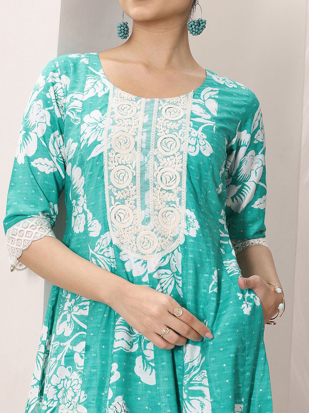 Libas Womens Blue Printed Anarkali Kurta With Trousers & Dupatta