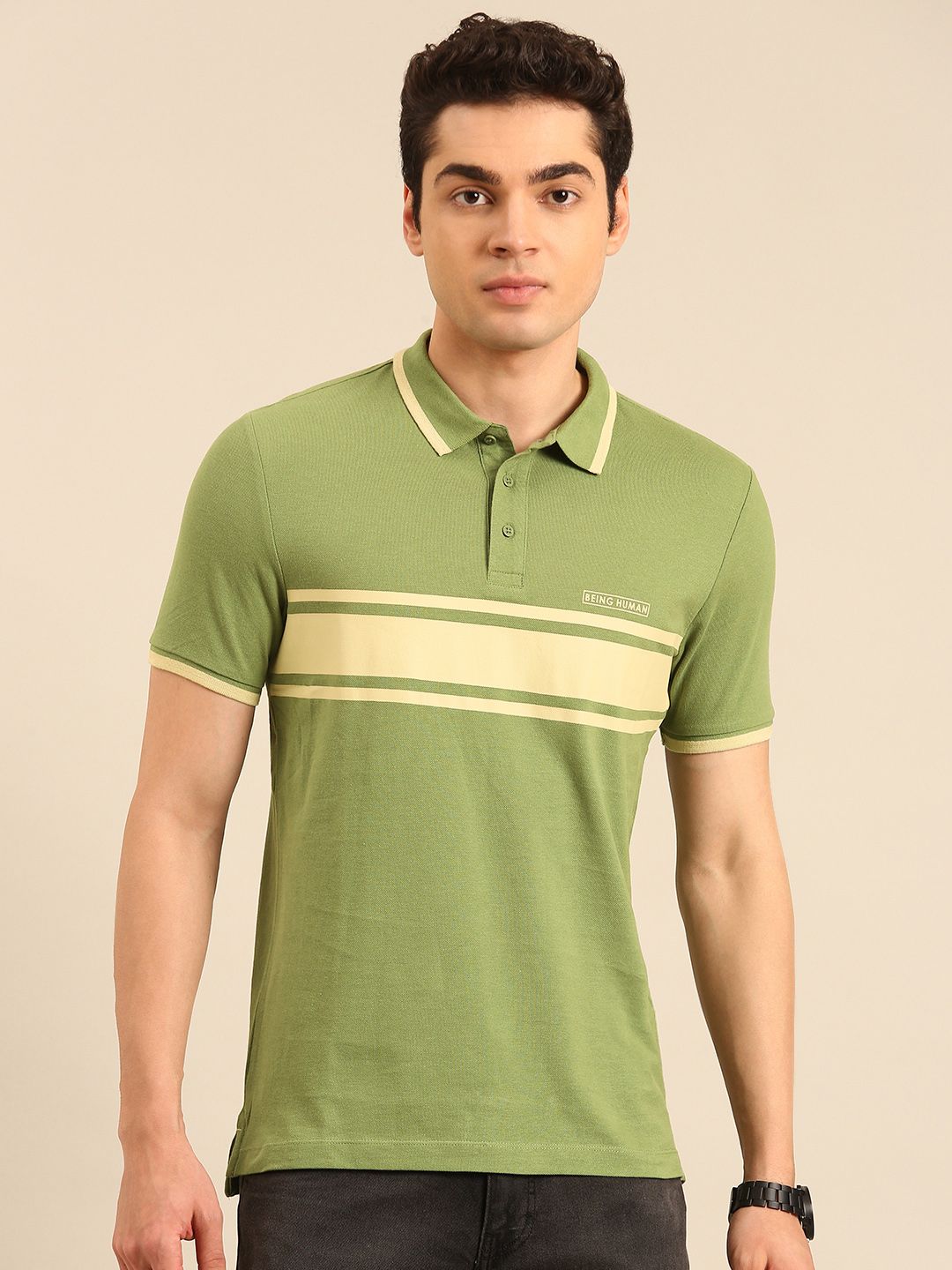 Being Human Striped Pure Cotton Polo Collar T-shirt