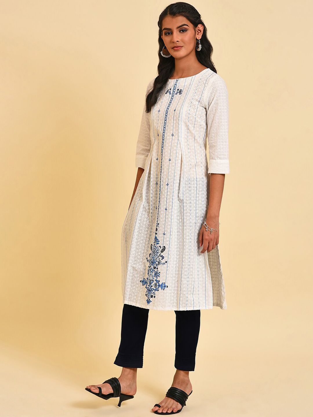 W Ethnic Motif Embroidered A-Line Pure Cotton Kurta