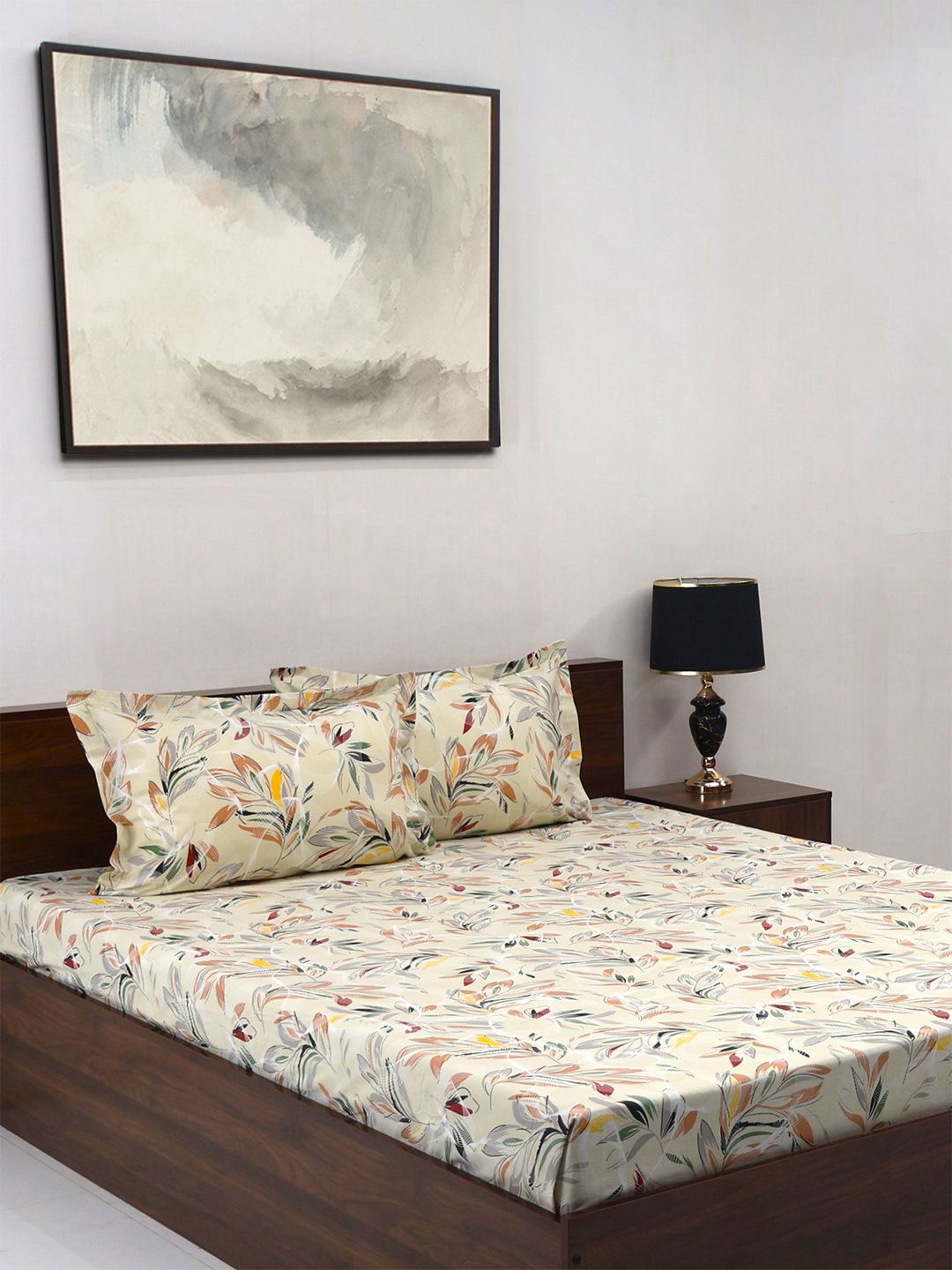 BOMBAY DYEING Floral Fiesta Brown Floral Cotton 140 TC Queen Bedsheet Set 2.54 x 2.28m