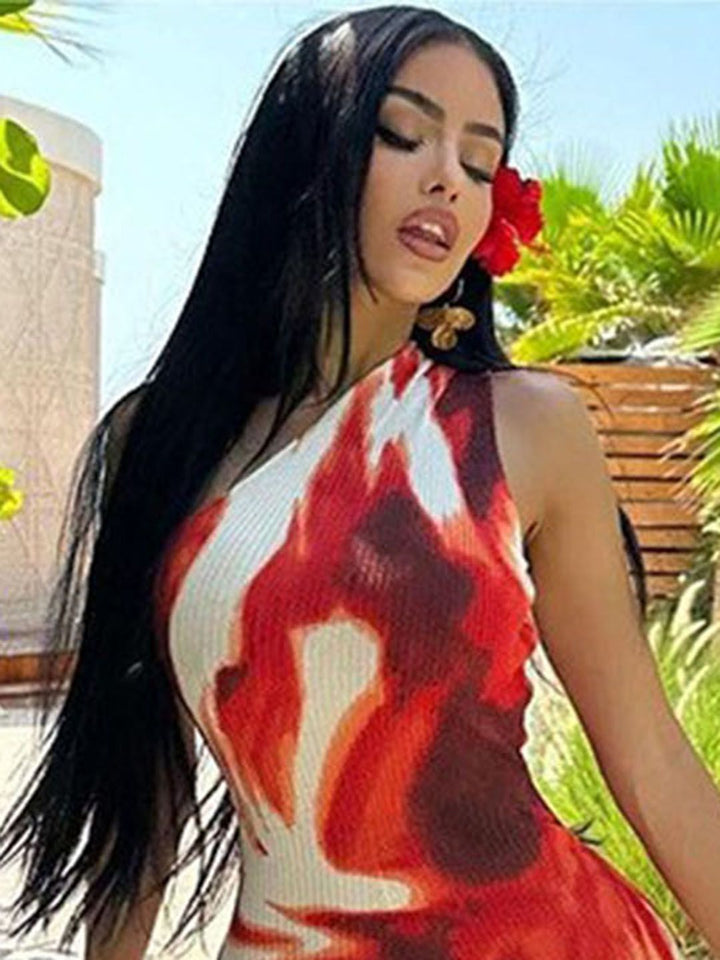 all about you Red Abstract Printed One shoulder Sleeveless Maxi Dress