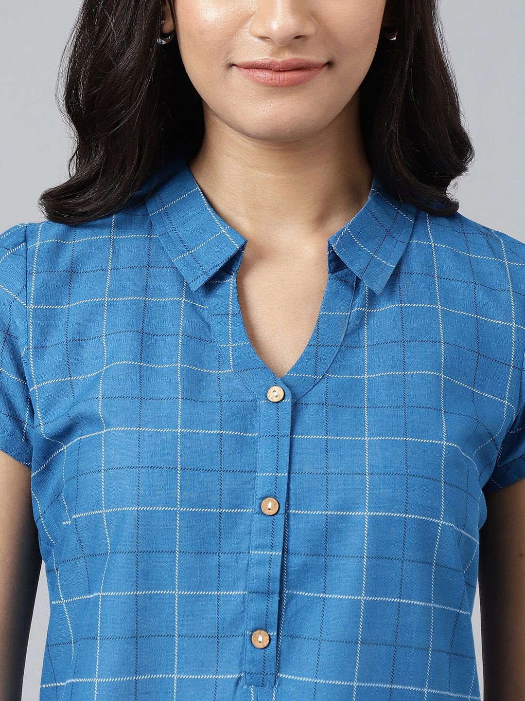 AURELIA Women Blue Checked Keyhole Neck Kurta