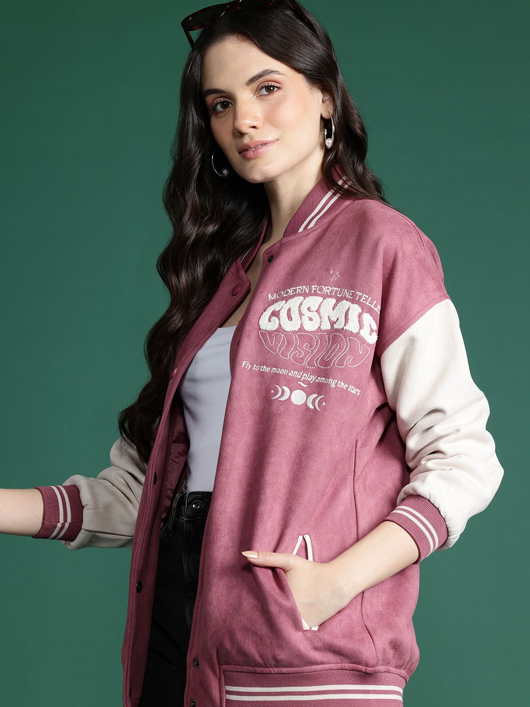 DressBerry Typography Colourblocked Varsity Jacket