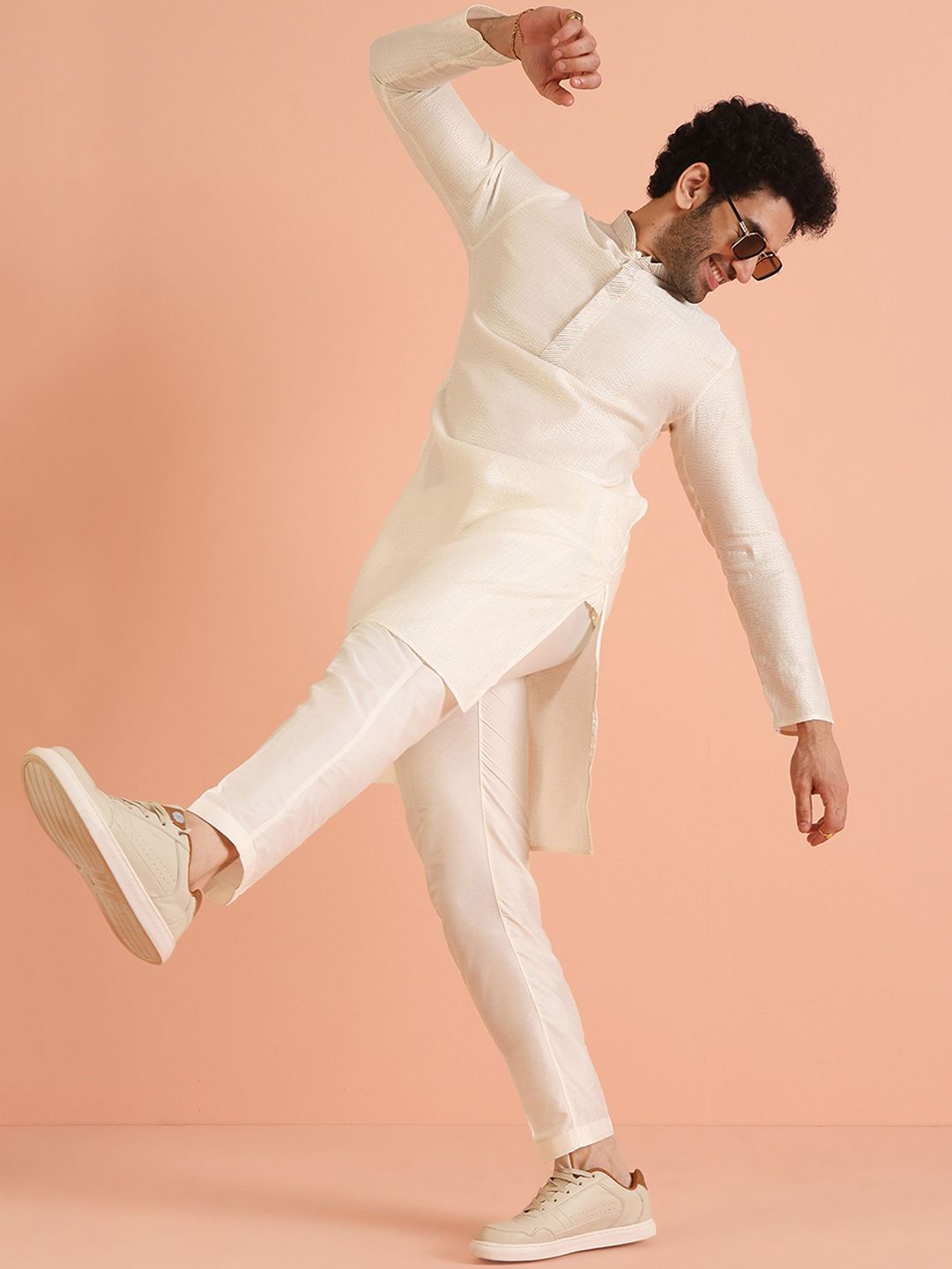 KISAH Mandarin Collar Woven Design Thread Work Cotton Straight Kurta